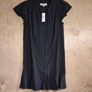 LOFT Black Textured Tie-Neck Flutter Sleeve Midi Dress